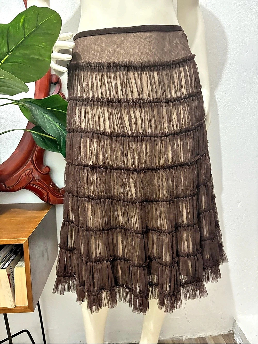 WD·NY Whimsi Boho Brown Tulle Overlay Midi Skirt Size 4 Like New